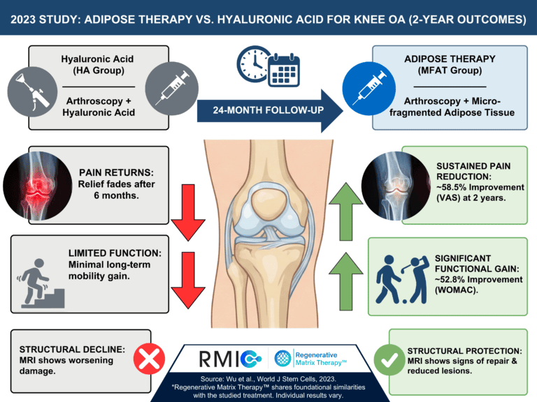 Comparison of hyaluronic acid and adipose therapy for knee osteoarthritis, highlighting study outcomes on pain relief and functional improvement.